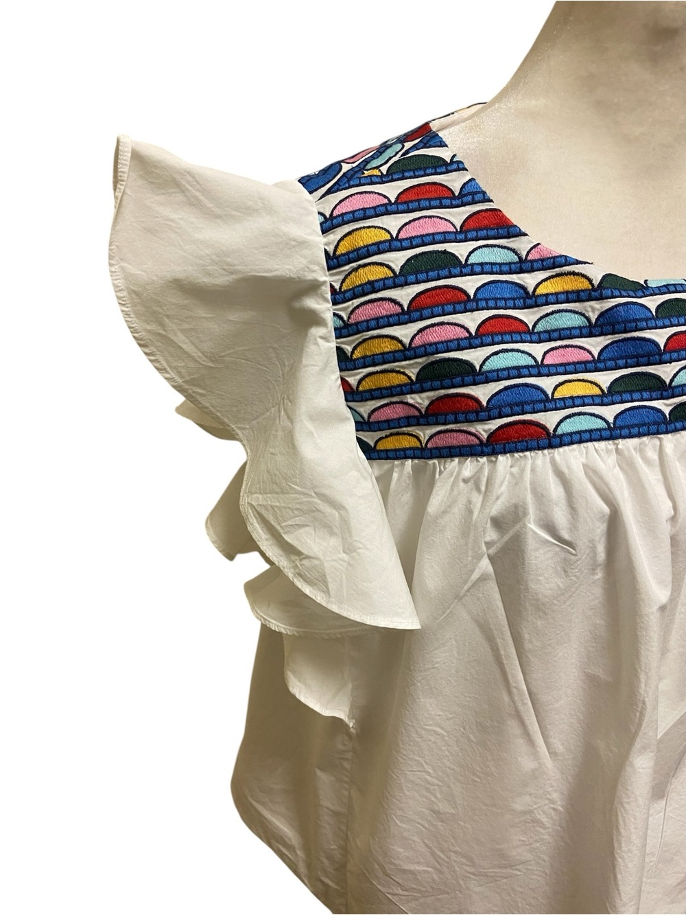 WHIT TWO Anthropologie Embroidered Flutter Sleeve Top White Rainbow Yoke Size LP - Picture 7 of 16